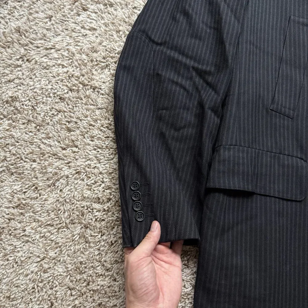 Vintage Canali Made In Italy Thick Wool Black Striped Long Suit Jacket Size 54L